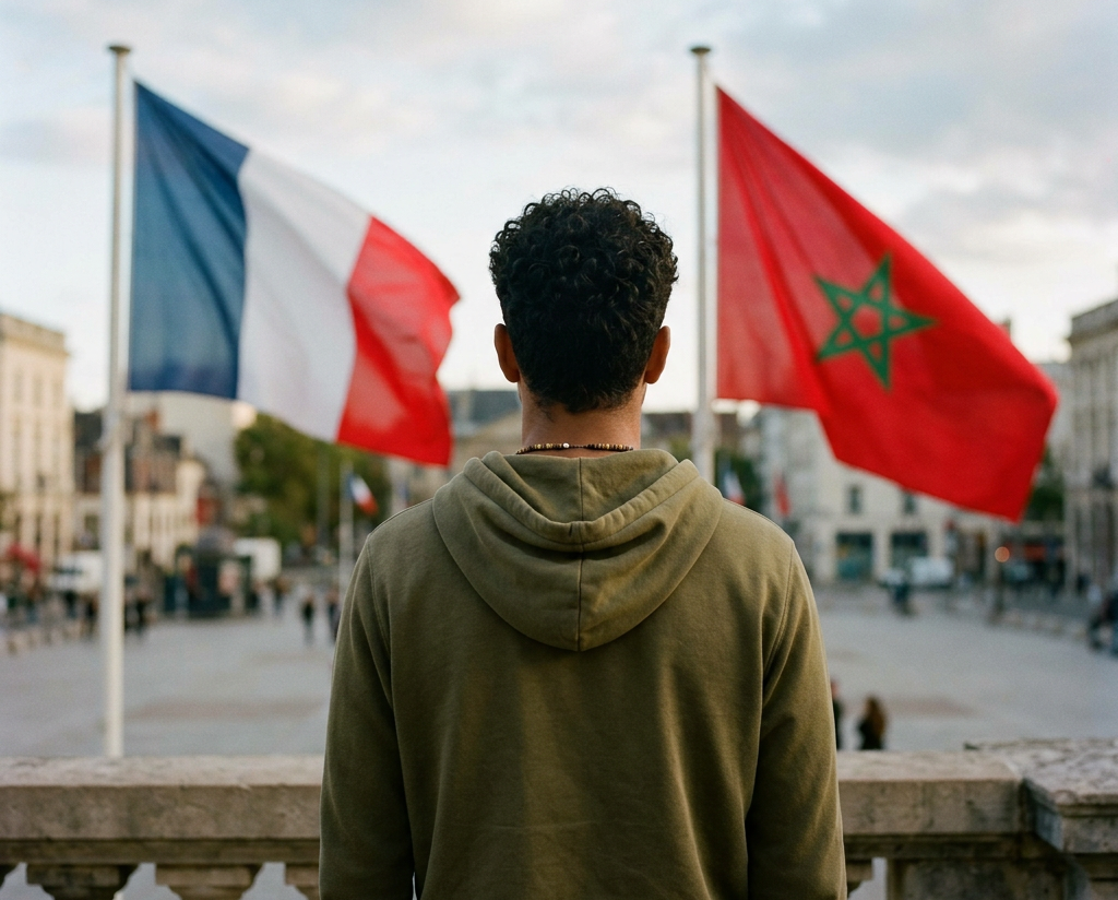 Young man viewed from behind looking at French and Moroccan flags outdoors